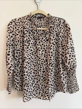 ANN TAYLOR Beige and Black Printed Smocked-Neck Blouse